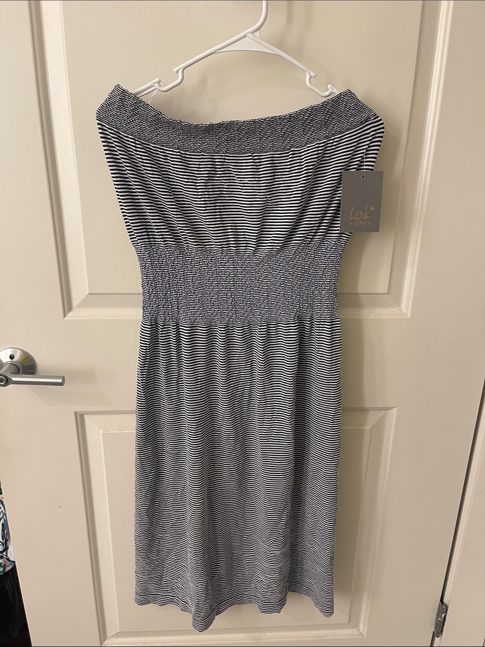Lark & Grey Strapless Black and White Smocked Midi Dress